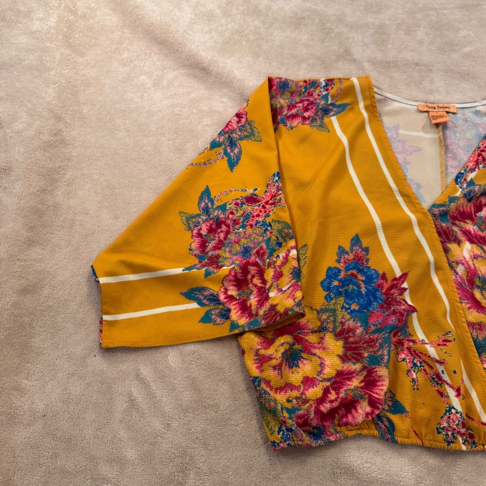 Flying Tomato Boho Floral Wrap Kimono Sleeve Crop Top Festival Summer Beach Sz L - Picture 6 of 13